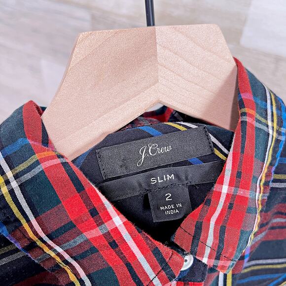 J CREW Slim Stretch Perfect Shirt Black Stewart Plaid Button Down Work Womens 2 - Picture 5 of 7